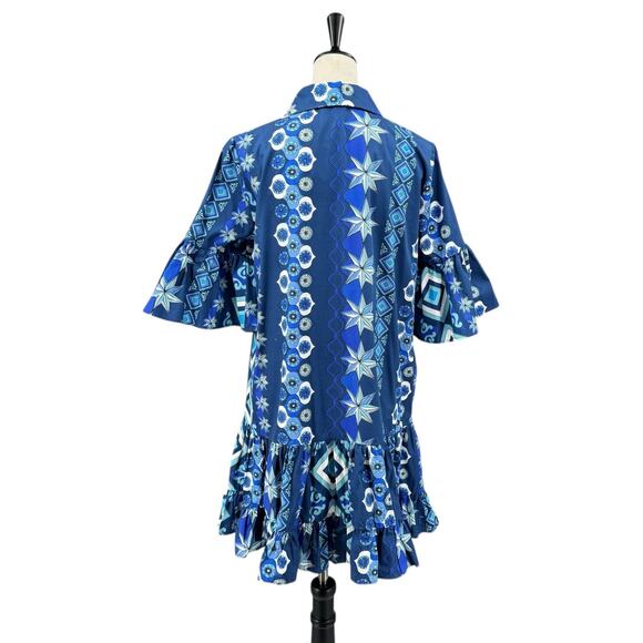 La Double J Choux Costiera Blue Print Flounce Cotton Poplin Mini Shirt Dress - Picture 6 of 16